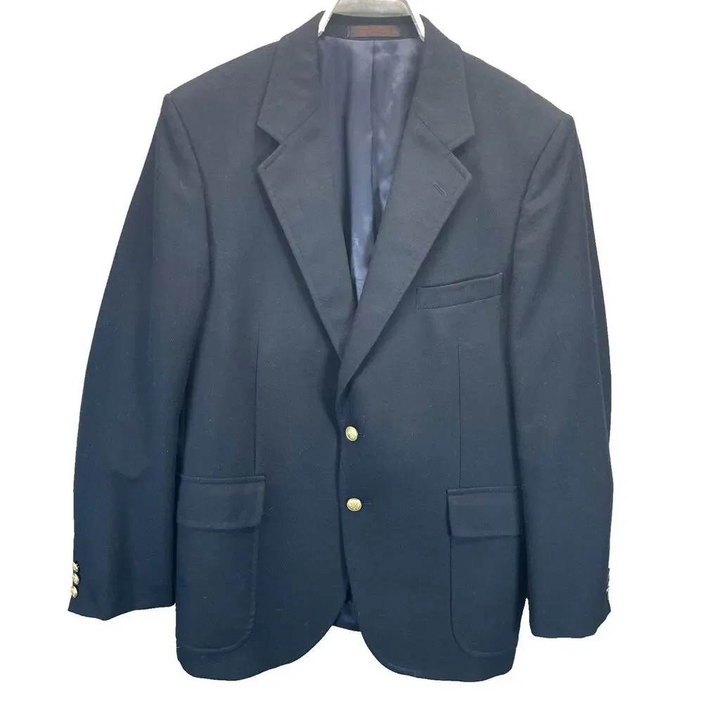 Vintage Savile Row Men 40R Navy Sport Coat Gold Button Wool Blend Blazer Classic